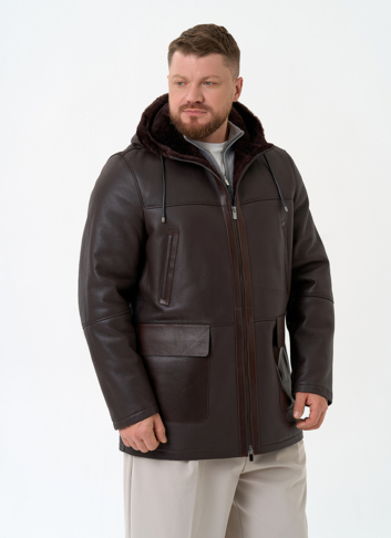 Мужская натуральная дубленка с капюшоном