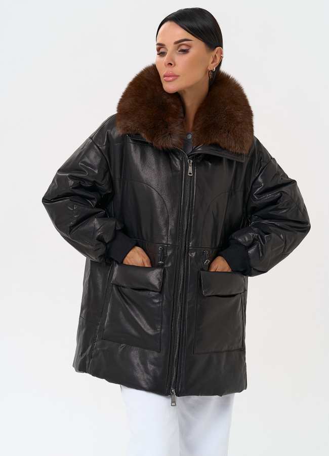 Полупальто из натуральной кожи с мехом песца модель № 21796 универмаг малина