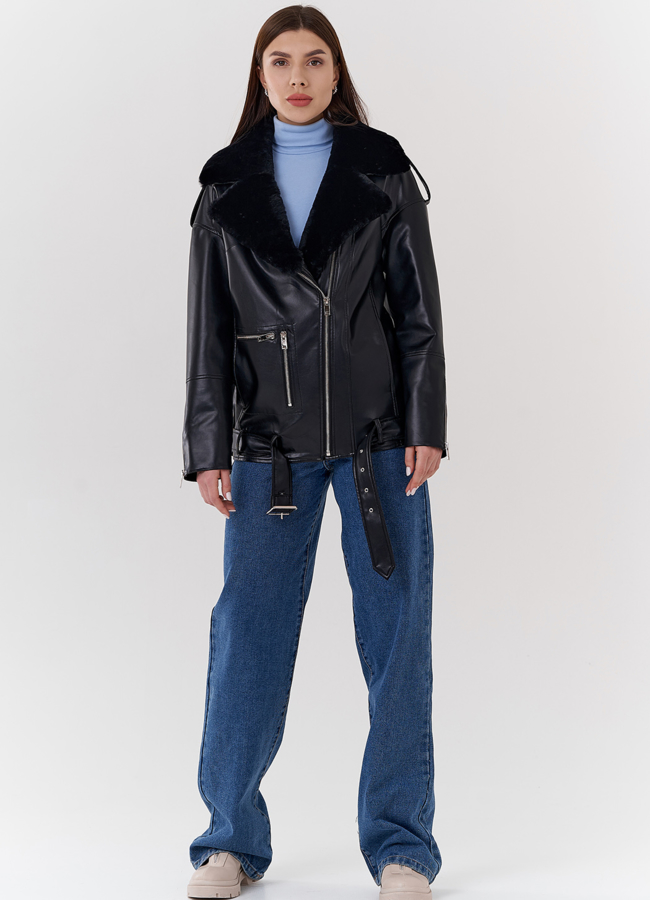 Куртка-косуха из эко кожи на утеплителе с натуральным мутоном модель № 24213 универмаг малина