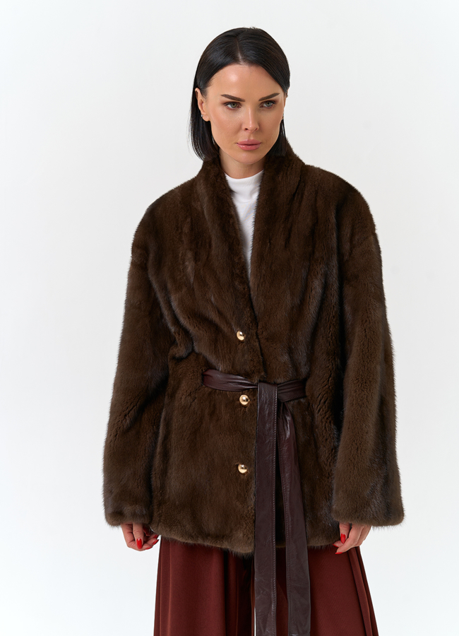 Шуба из меха норки с поясом модель № 32498 универмаг малина