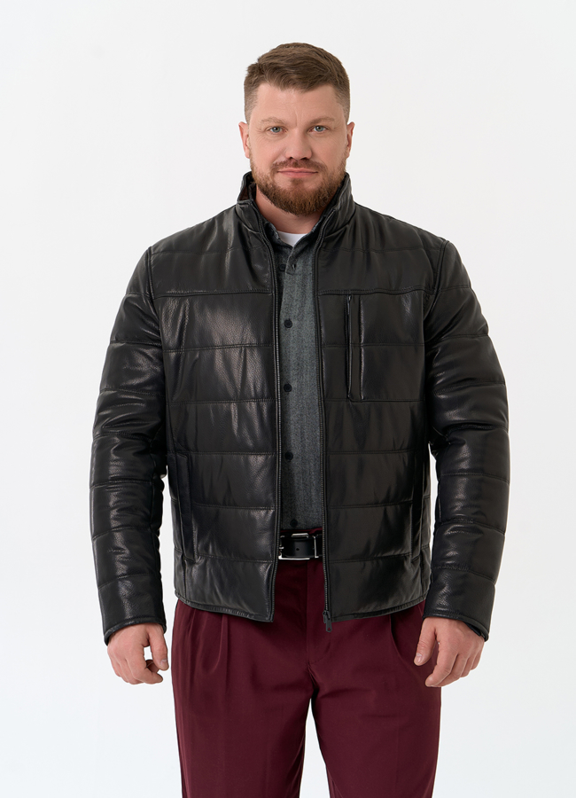Мужская куртка из натуральной кожи с воротником стойкой модель № 32545 меха малина