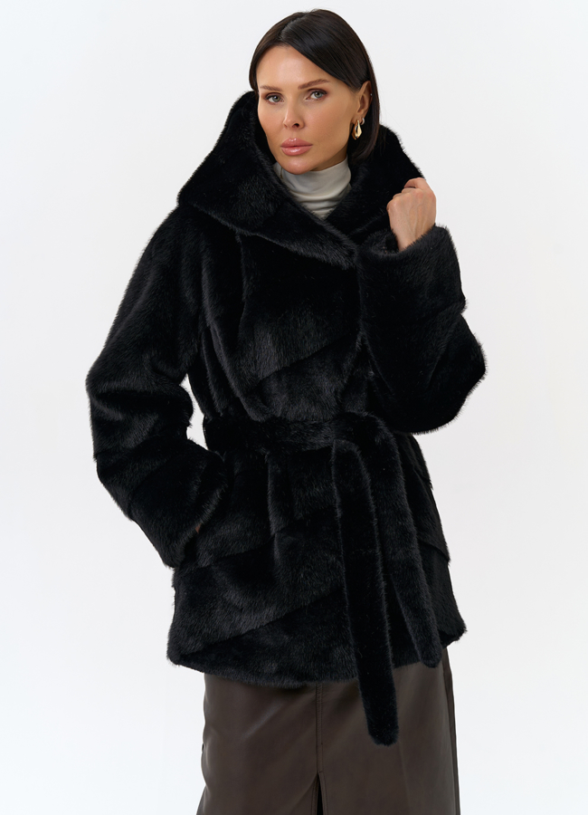 Женская шуба из эко меха с капюшоном модель № 32054 меха малина