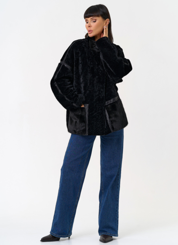 Женская двухсторонняя дубленка с воротником стойкой