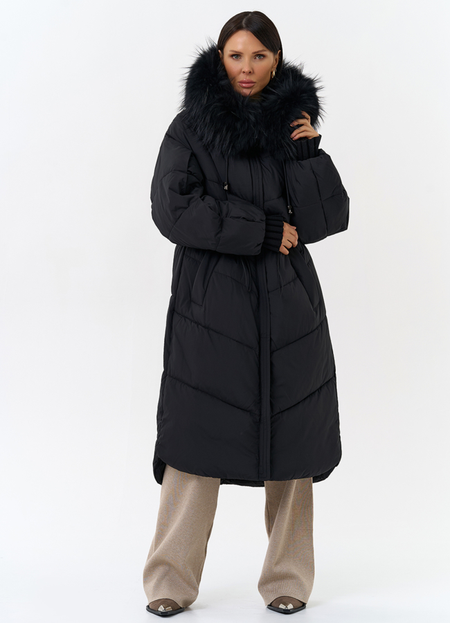 Женский пуховик с капюшоном из меха чернобурки модель № 31969 меха малина