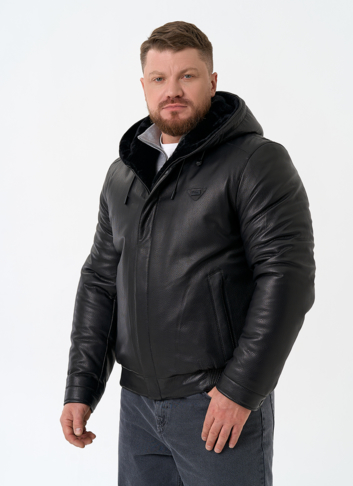 Мужской пуховик из натуральной кожи с капюшоном