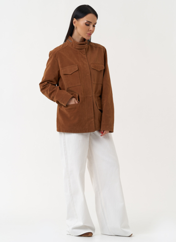 Женская парка из эко замши коричневого цвета 