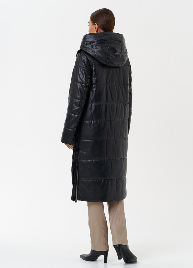 Пуховик из эко кожи с капюшоном модель № 23366 универмаг малина