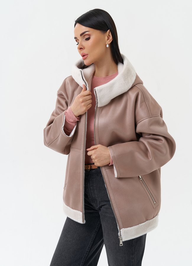 фото Женская дубленка из эко замши с капюшоном модель № 30209