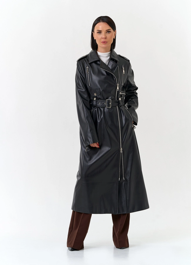 Женский длинный плащ из эко кожи  модель № 27166 меха малина