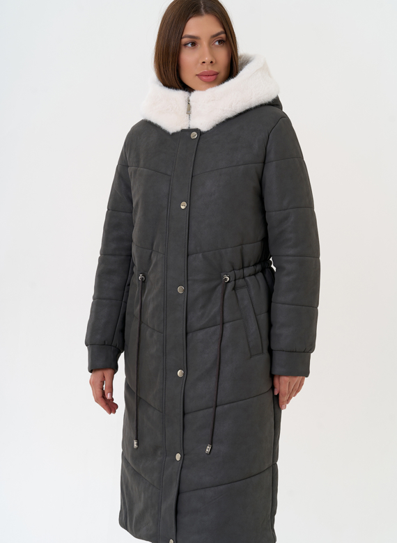 Женское пальто из эко кожи с капюшоном