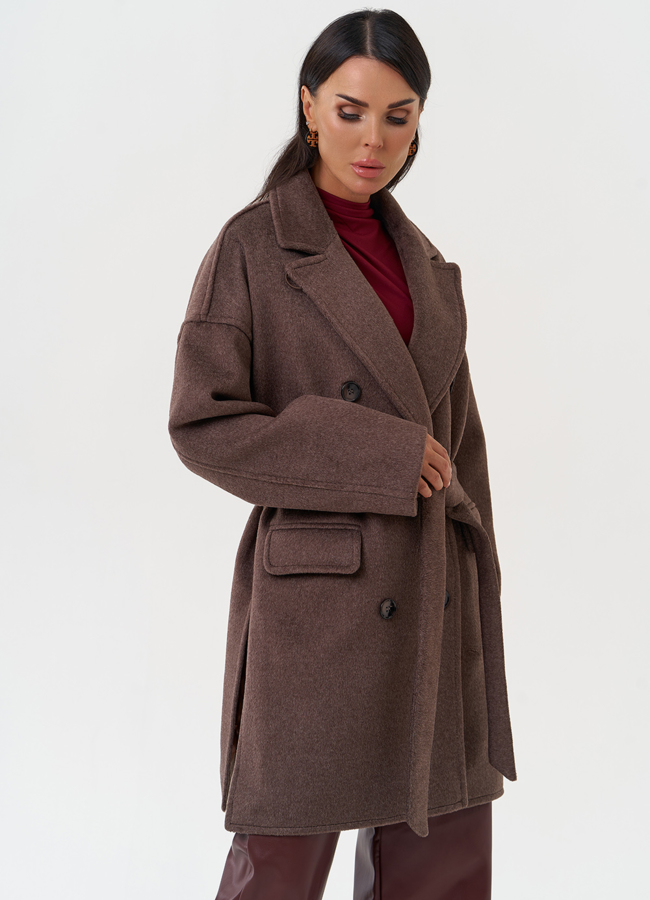 Двубортное женское пальто модель № 31213 меха малина