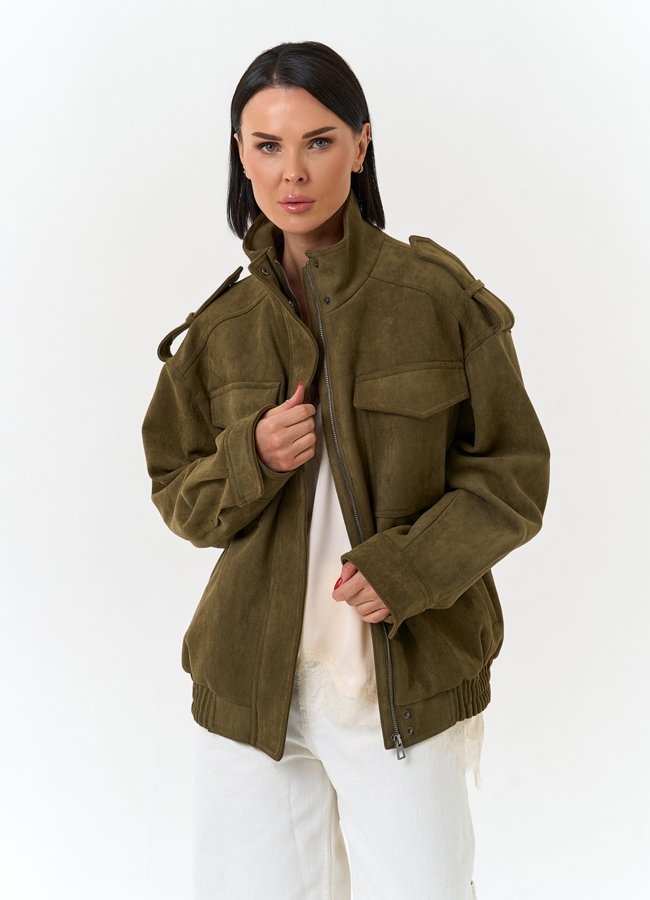 Женская куртка бомбер из эко замши модель № 33035 меха малина