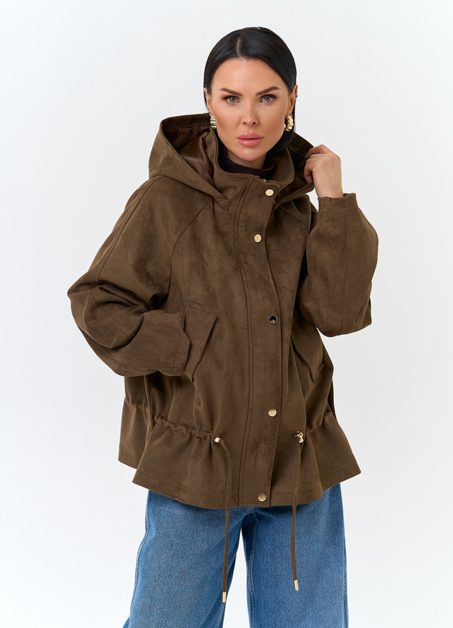 Женская утепленная куртка из эко замши с капюшоном модель № 32841 меха малина