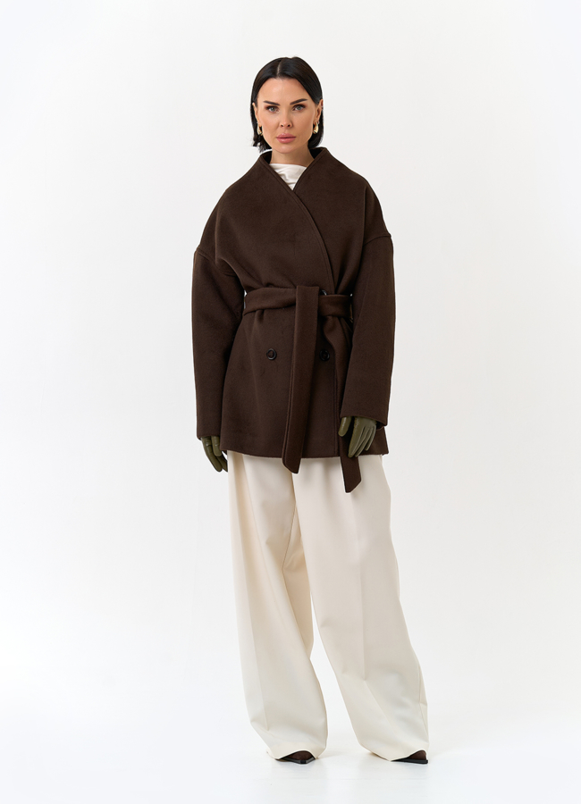 Женское укороченное пальто с поясом модель № 32817 универмаг малина