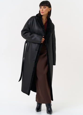 Женская двухсторонняя дубленка из эко замши с воротником шаль