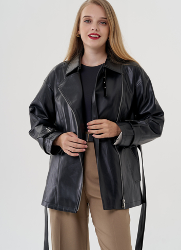 Утепленная весенняя куртка из эко кожи с поясом