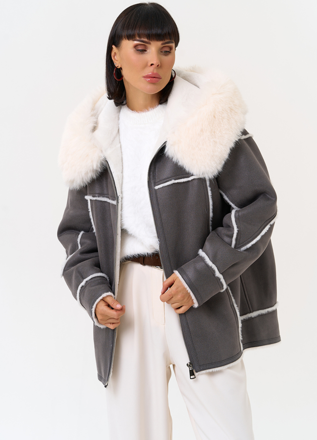 Женская дубленка из эко замши с капюшоном из эко меха модель № 31505 универмаг малина