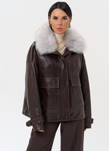 Короткий пуховик из натуральной кожи