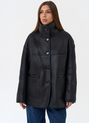 Женская двухсторонняя дубленка из эко замши в черном цвете