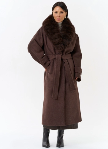 Женское утепленное пальто с отделкой из меха песца фото