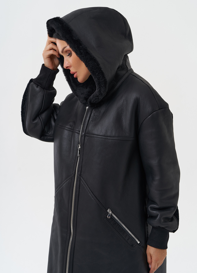 Натуральная дубленка с капюшоном модель № 28701 в рассрочку