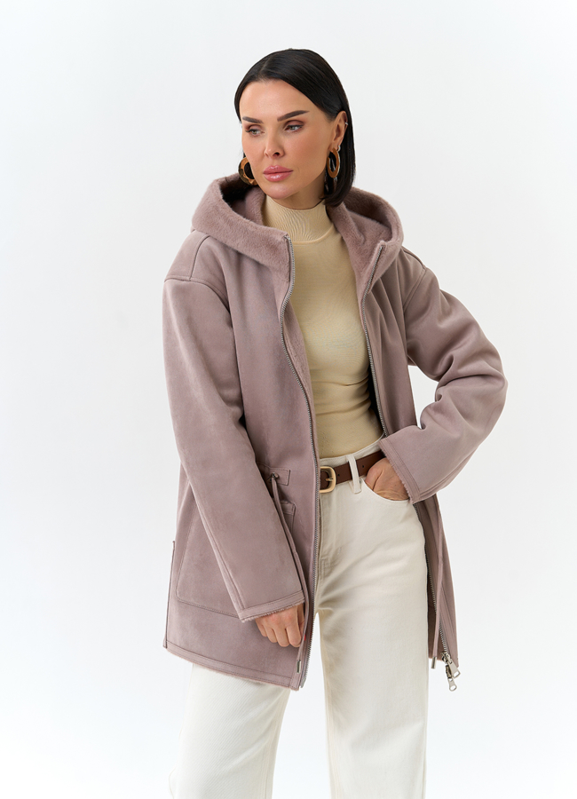 Двухсторонняя дубленка из эко замши с капюшоном модель № 32695 универмаг малина