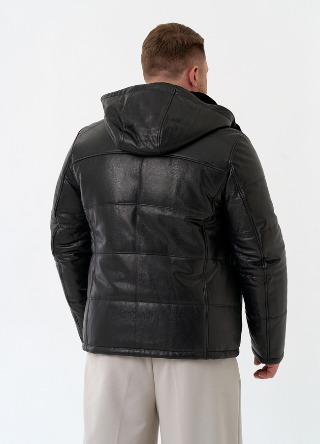 фото Мужской пуховик из натуральной кожи с капюшоном модель № 32048