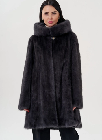 Норковая шуба балетка, в цвете графит с капюшоном фото
