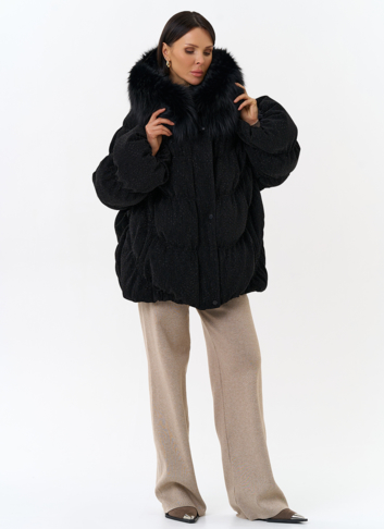 Женский блестящий пуховик с отделкой из меха чернобурки
