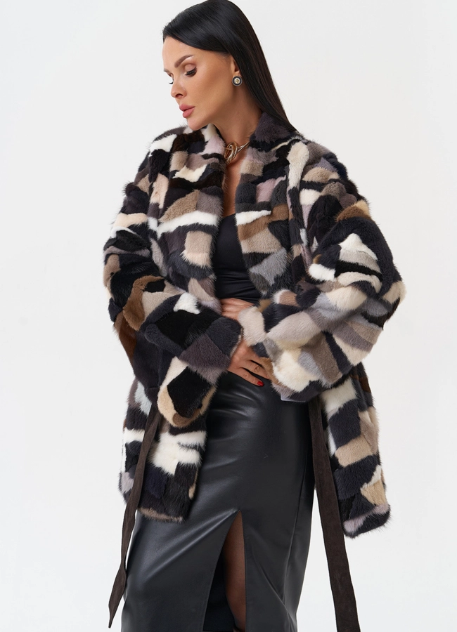 Шуба из меха норки с поясом модель № 32071 универмаг малина