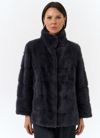 Норковая шуба с воротником стойка в цвете графит