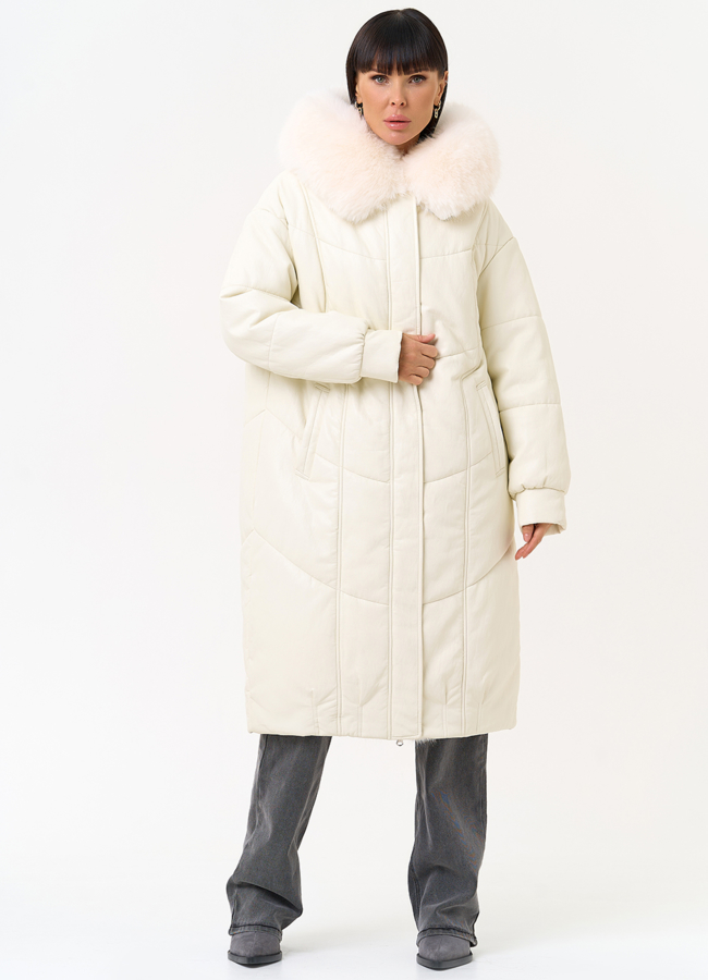 Женский пуховик из эко кожи со съемным эко мехом модель № 30717 универмаг малина