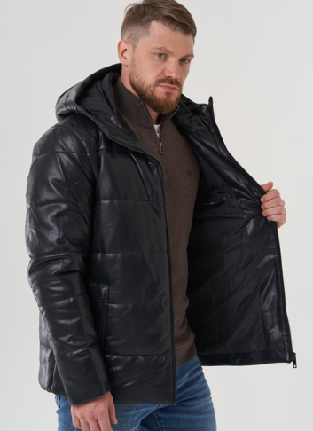 Пуховик мужской из эко кожи с капюшоном 