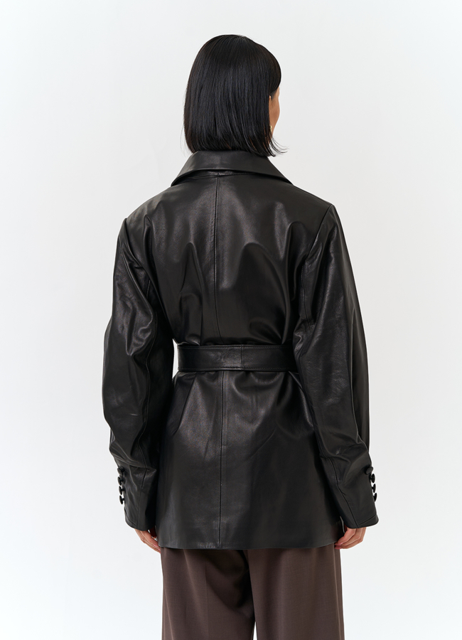 фото Жакет из натуральной кожи с поясом модель № 32885