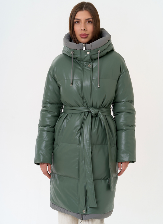 Женский пуховик из эко кожи с капюшоном