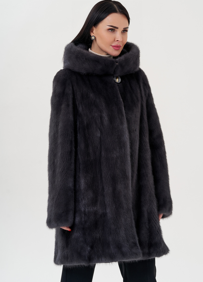 Норковая шуба балетка, в цвете графит с капюшоном модель № 25006 универмаг малина