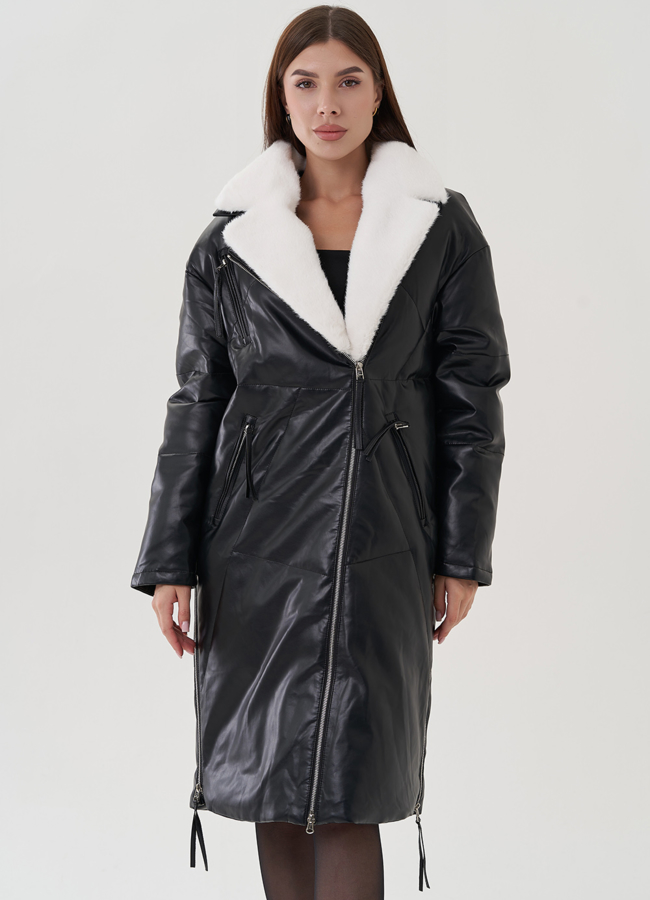 Пуховик женский из эко кожи с английским воротником модель № 25466 в кредит