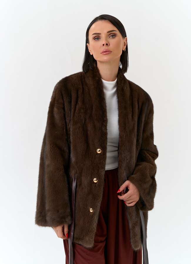 Шуба из меха норки с поясом модель № 32498 универмаг малина